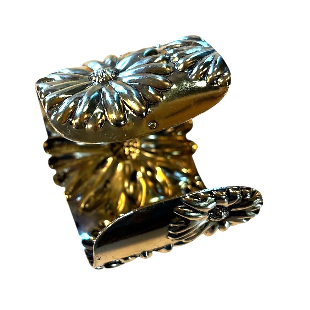Gold Floral Daisy Cuff Bracelet Raised Design Adjustable - Picture 7 of 8